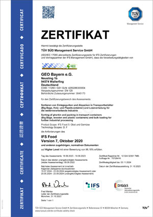 IFS Food 7 Zertifikat gültig bis 03.11.2024 IFS Food 7 Zertifikat gültig bis 03.11.2024