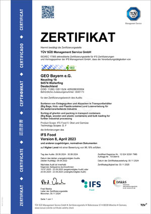 IFS Food 8 Zertifikat gültig bis 03.11.2025 IFS Food 8 Zertifikat gültig bis 03.11.2025